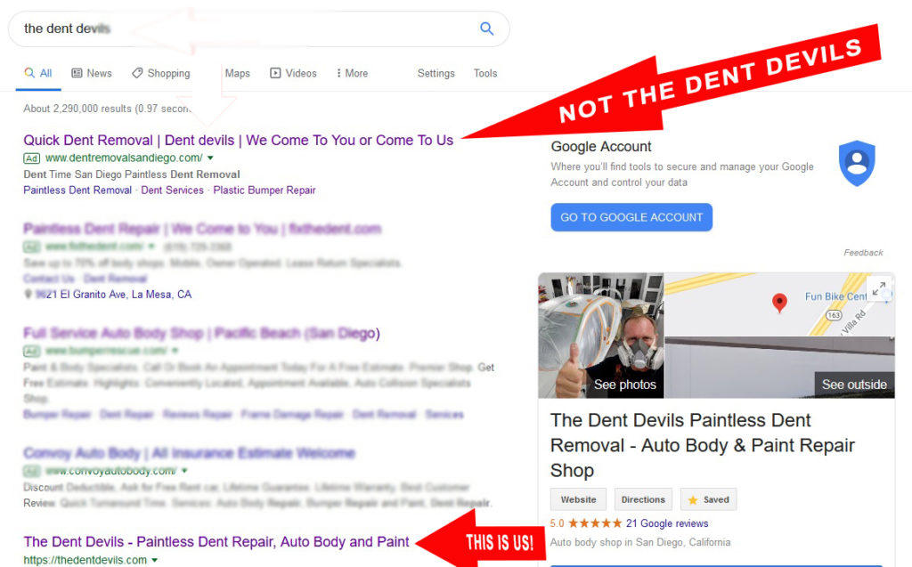 A google search page with the " not the devil " ad in front of it.