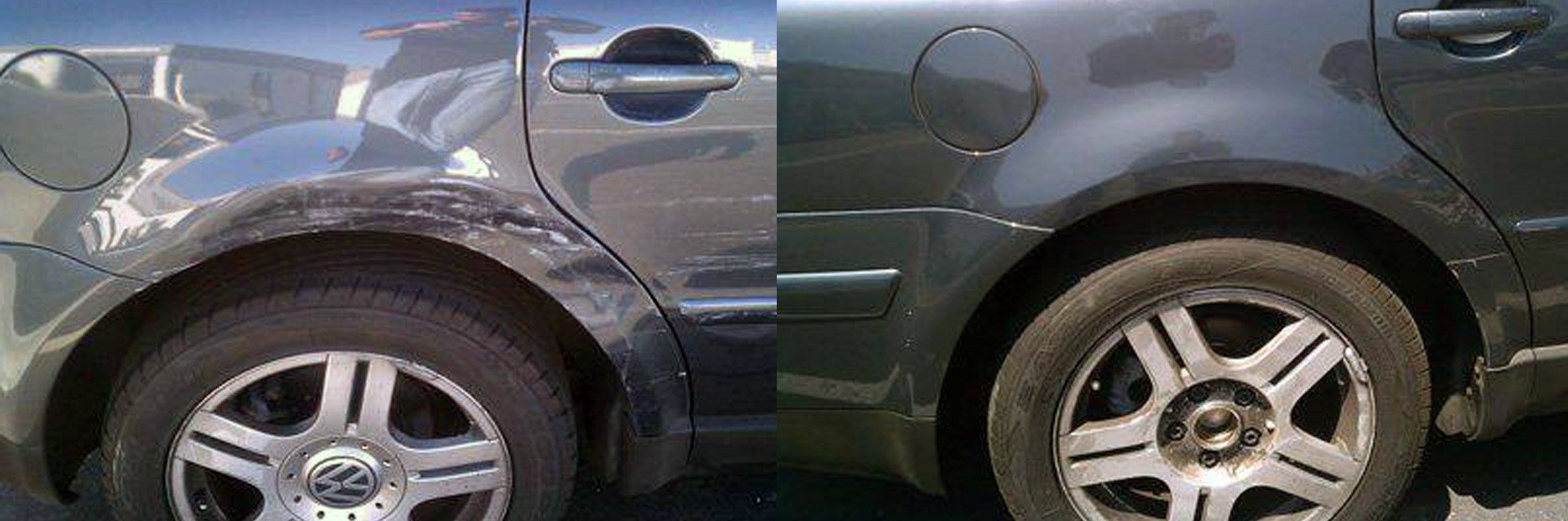 A car with the front end half-torn off and the rear half-dented.