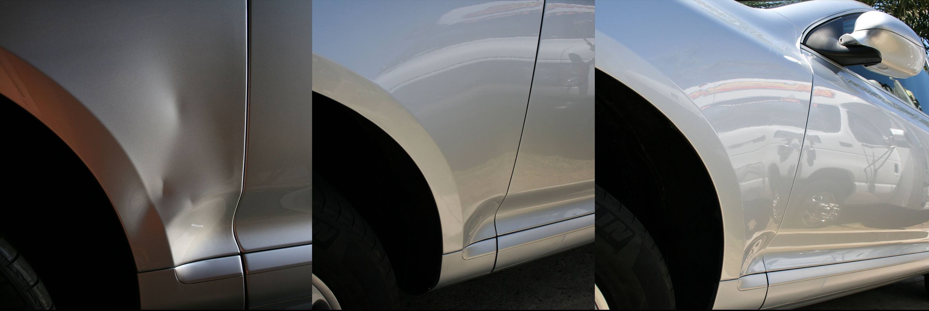 A before and after picture of the back end of a car.