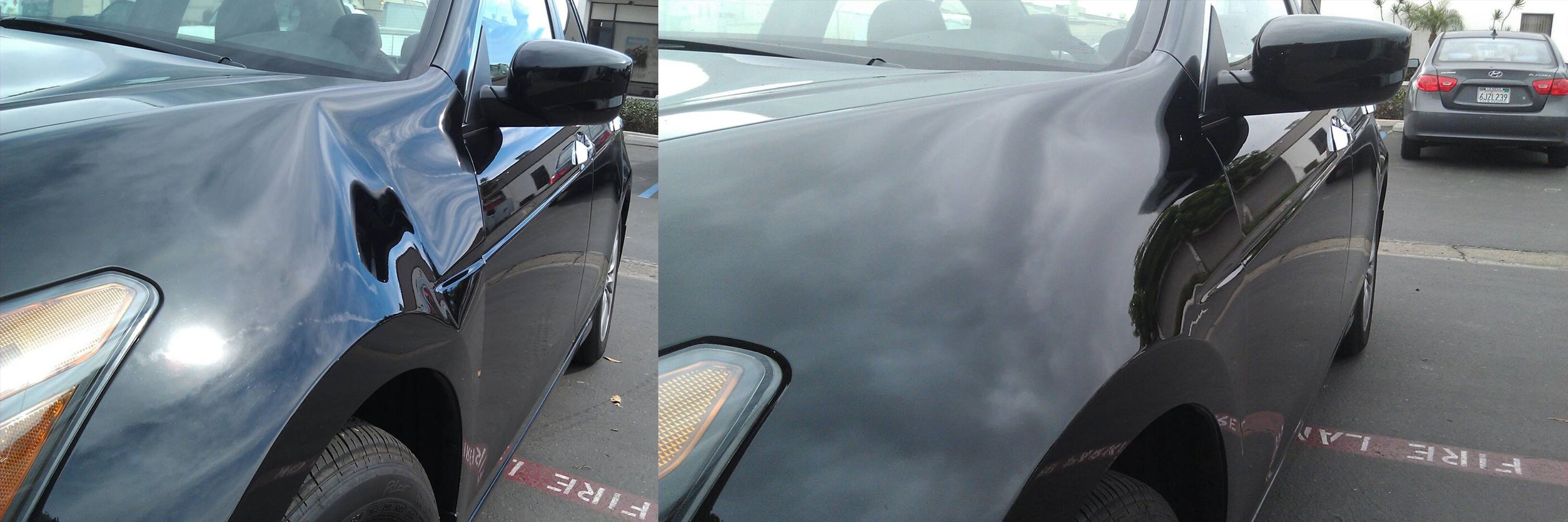 A before and after picture of the back end of a car.