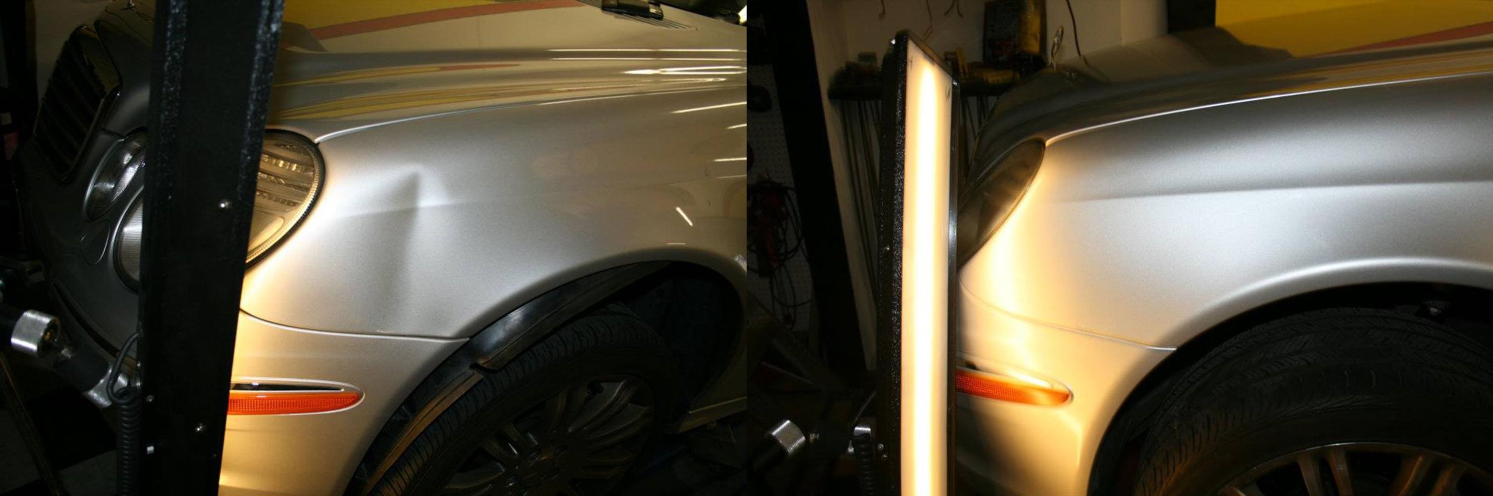 A before and after picture of the back end of a car.