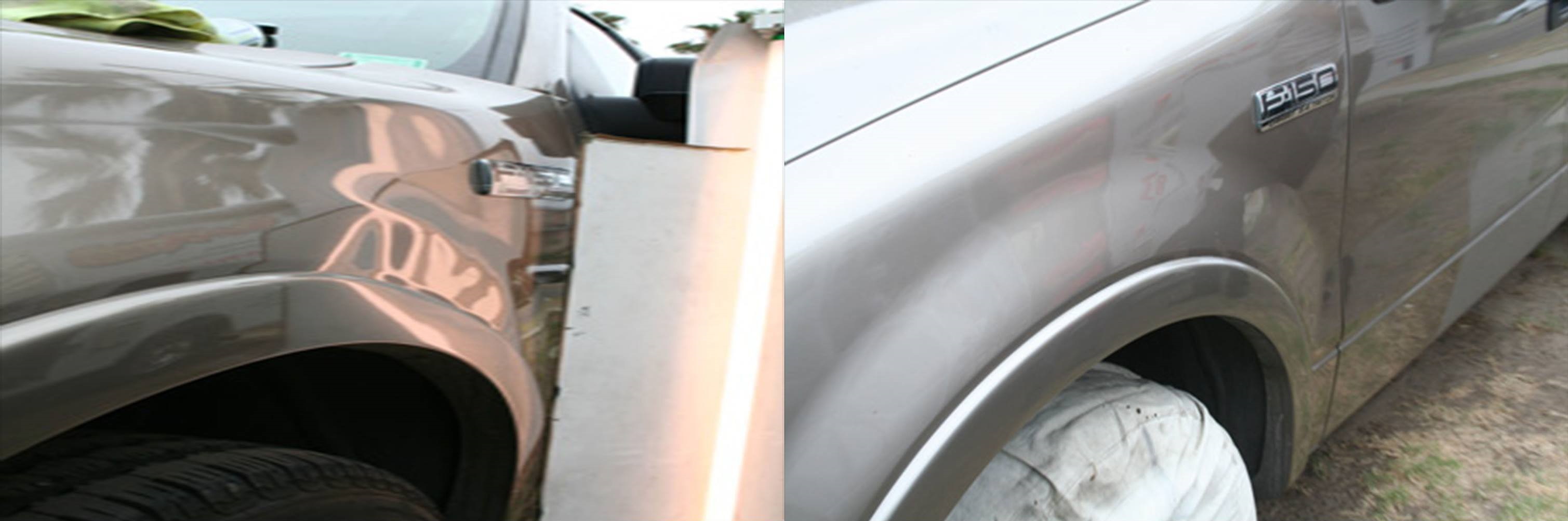 A before and after picture of the back end of a car.