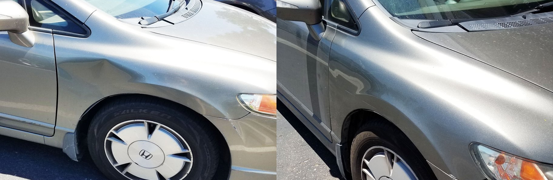 A car with a dent and a dented fender