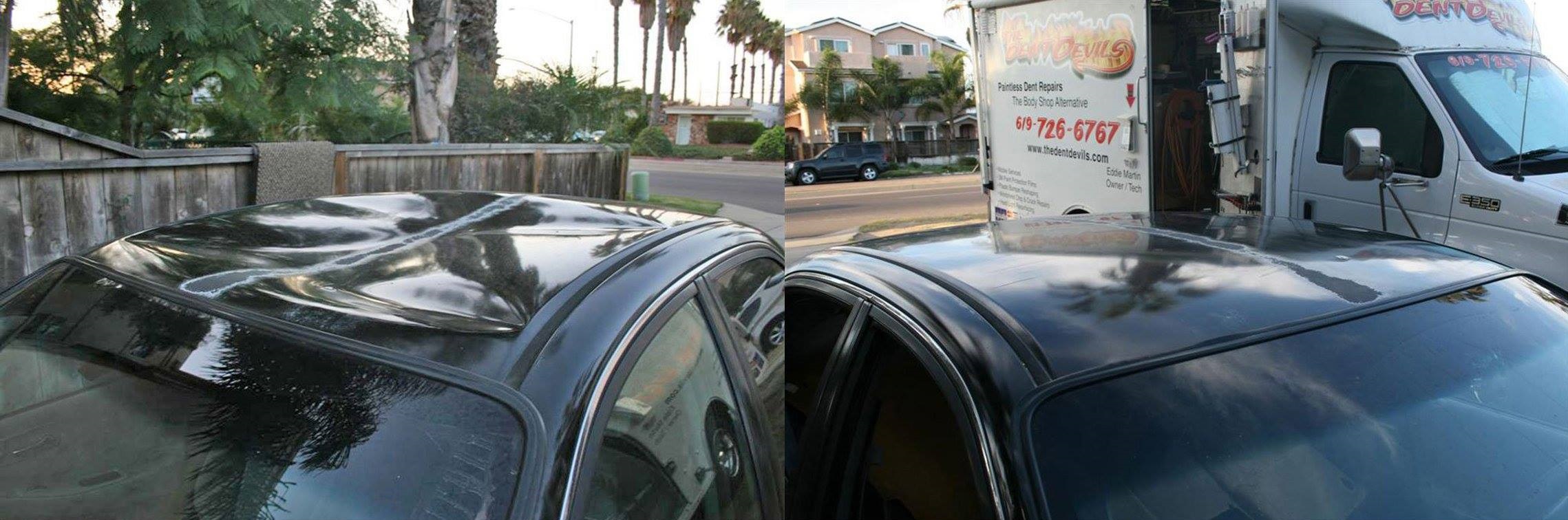 A car with a dent and a dented fender