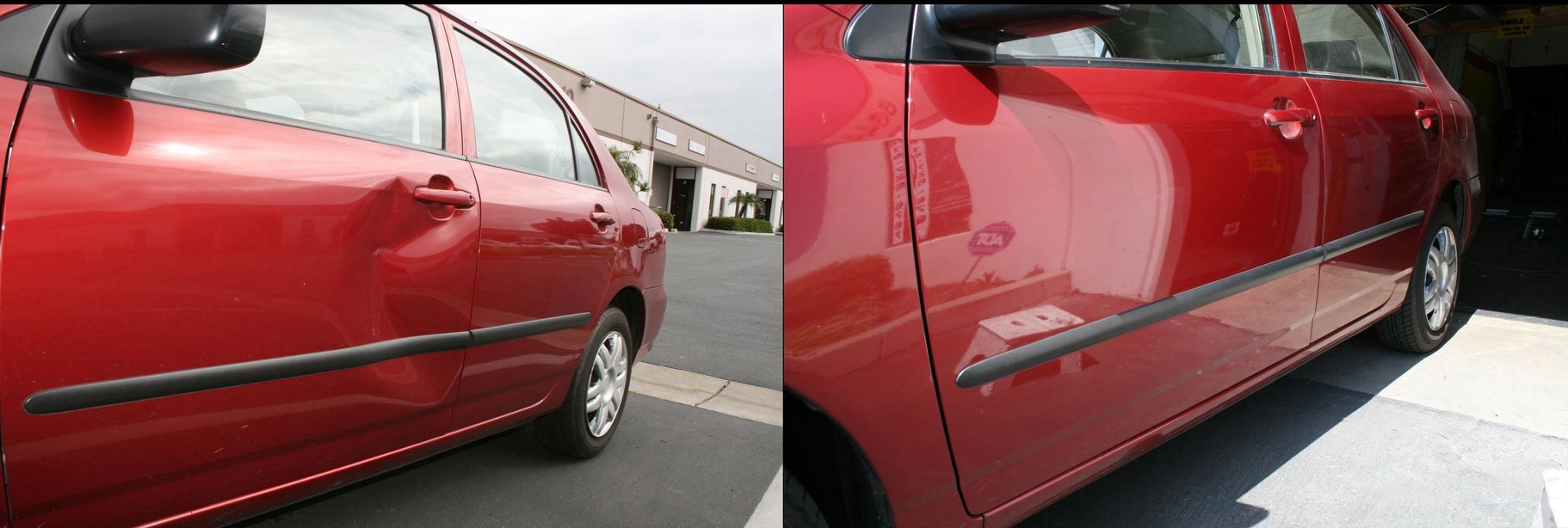 A red car parked in front of a building.