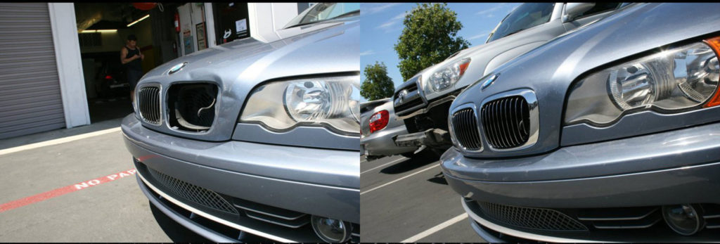 A split photo of two cars in the parking lot.