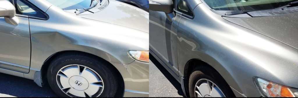 A car with the front end of it and side view of another car.