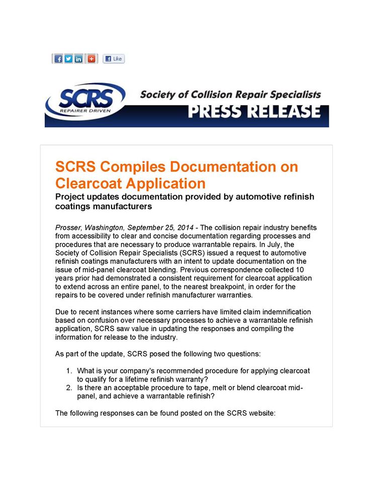 A press release about the scrs complex documentation on clearcoat application.