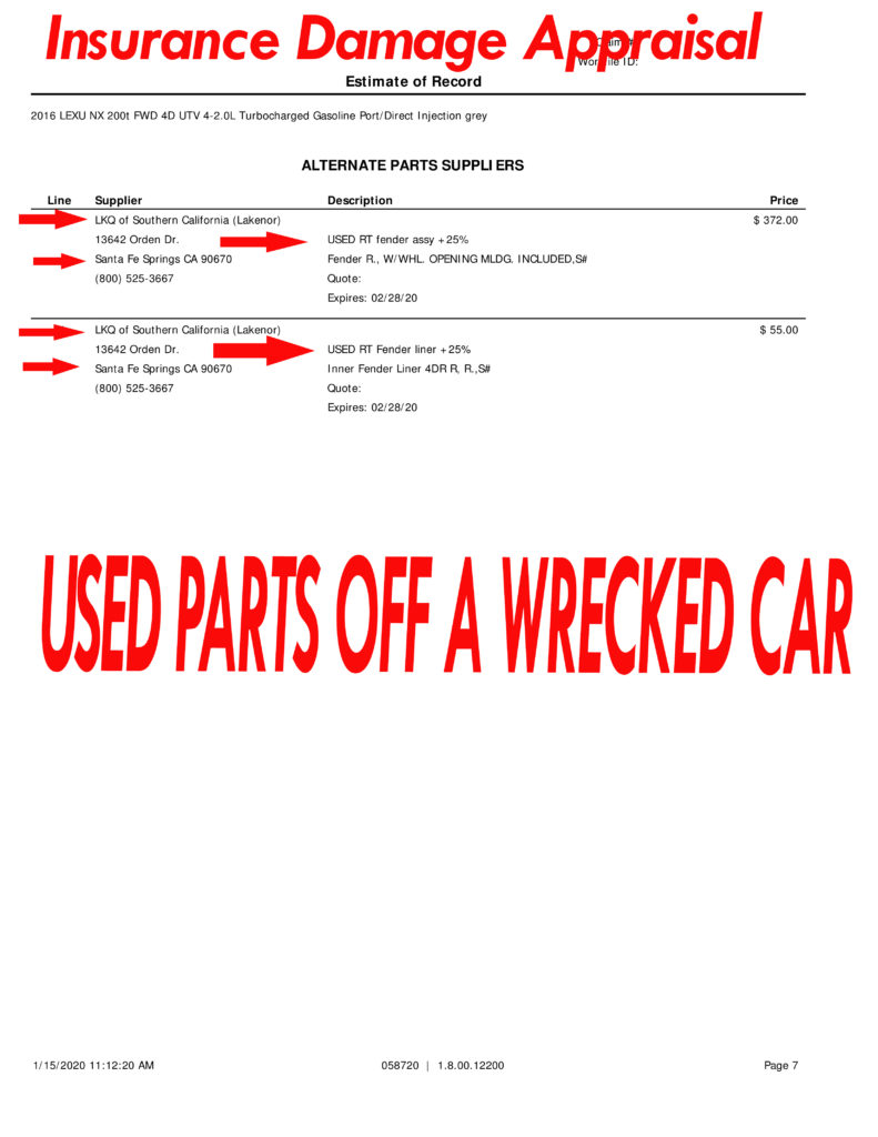 A red and white sheet of paper with the words " used parts off a wrecked car ".