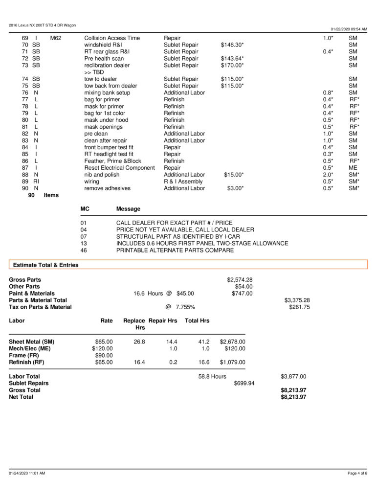 A page of the receipt for a car with two columns.
