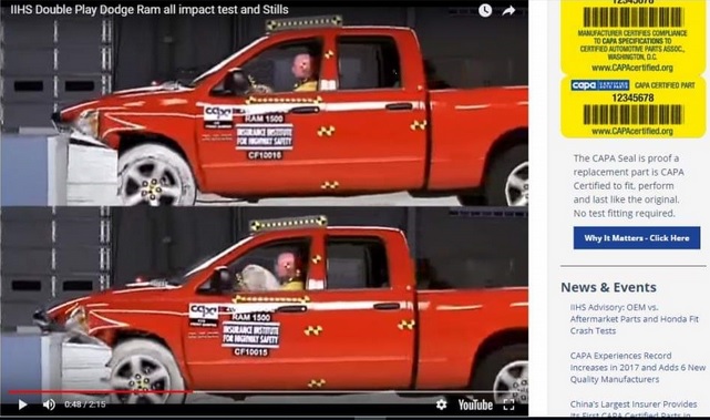 A red truck with stickers on the side of it.