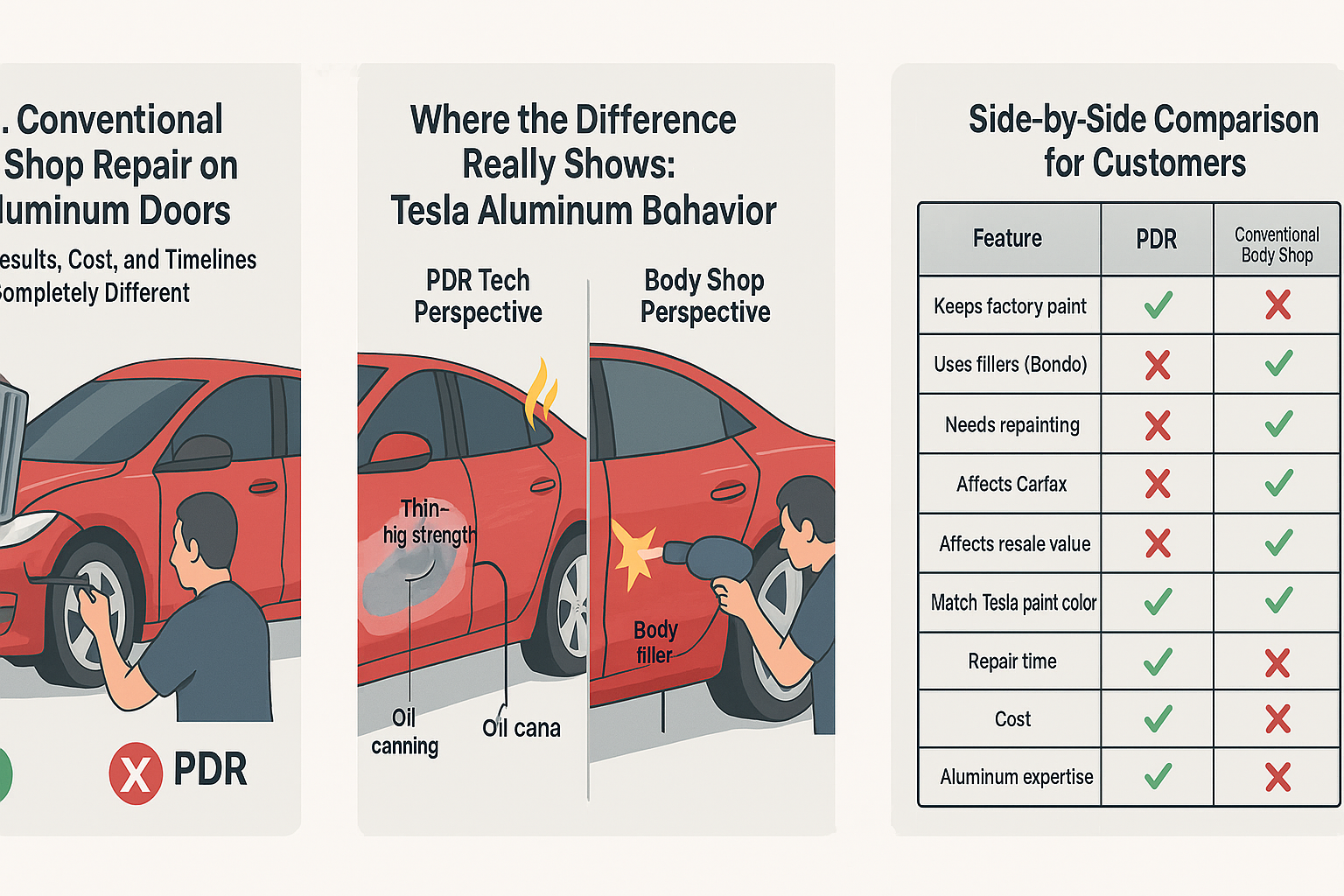 Full‑color infographic comparing PDR vs. conventional body shop steps and outcomes